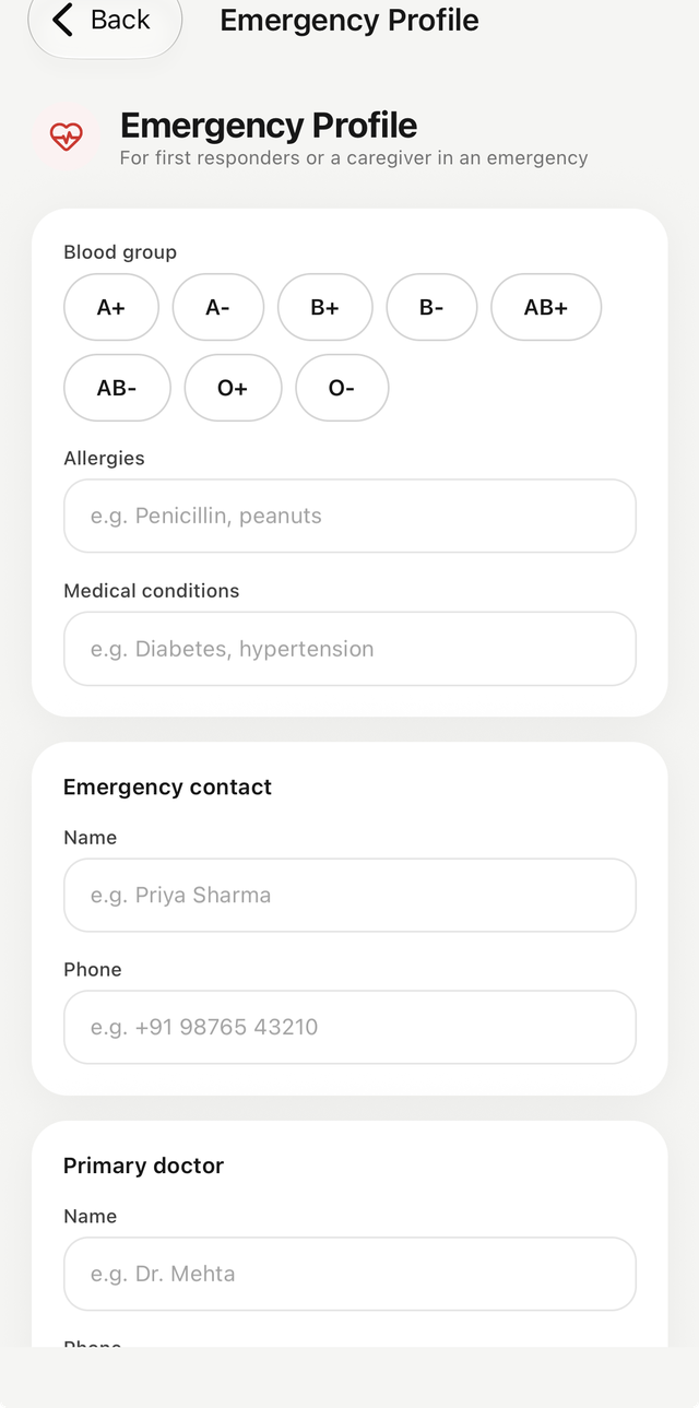 Medora's Emergency Profile screen
