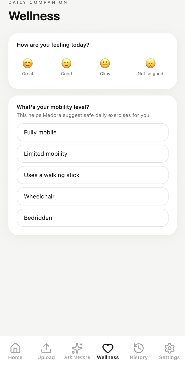 Medora's wellness check-in screen